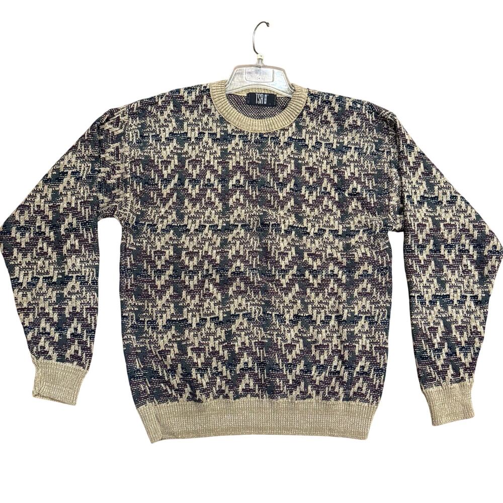 Vintage TSR 80s Knit Sweater Size Large Earth Tone Pullover Crew Neck Geometric